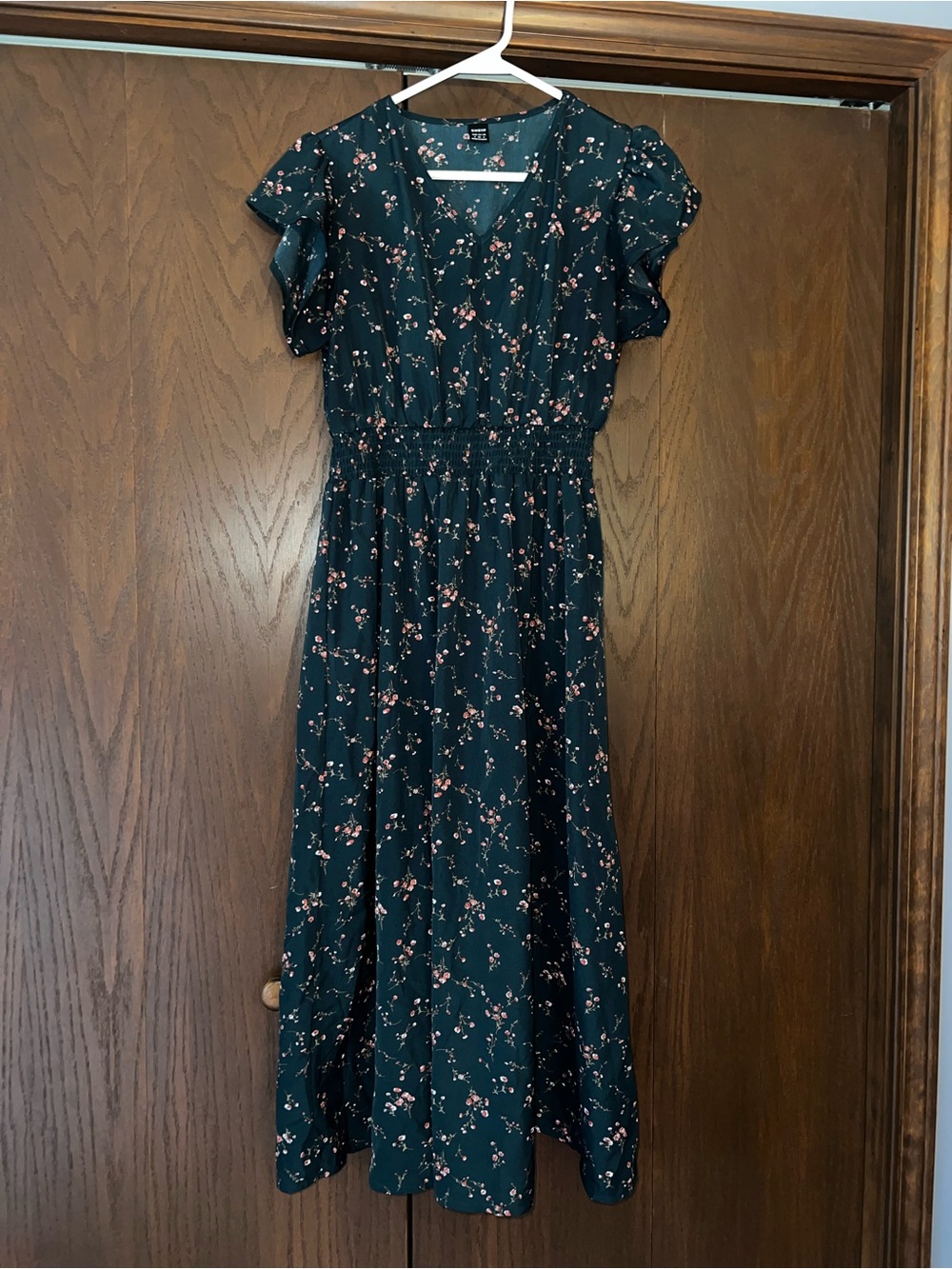 SHEIN Floral Split-Neck Midi Dress - Dark Green